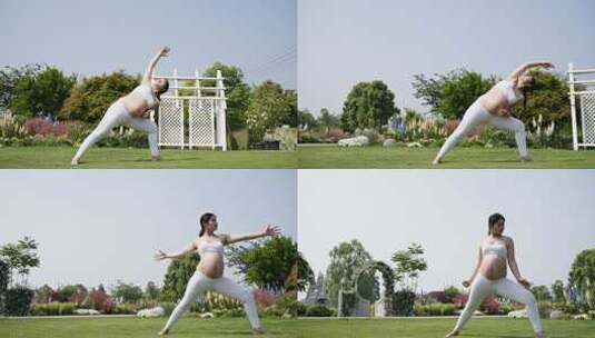 怀孕妇女大肚子准妈妈花园练习瑜伽锻炼身体高清在线视频素材下载
