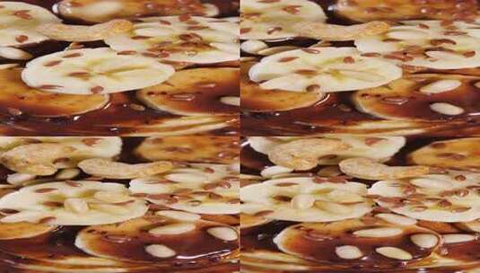 立屏甜煎饼配巧克力糖浆高清在线视频素材下载
