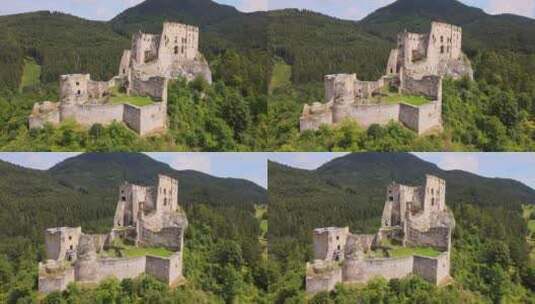 森林城堡废墟航拍高清在线视频素材下载