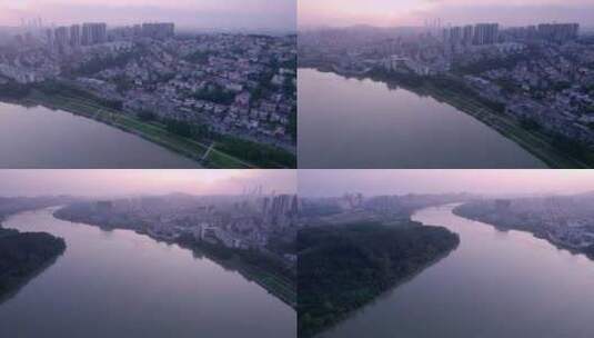 南宁仙葫邕江天池山城市景观与夕阳落日航拍高清在线视频素材下载