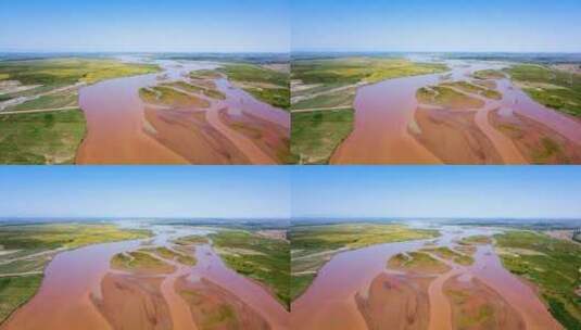 黄河平原-航拍黄河河滩河道-河流田野高清在线视频素材下载