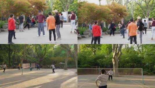 鲁迅公园  市民 公园 踢毽子 羽毛球 锻炼高清在线视频素材下载