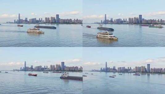 湖北武汉市区长江繁忙的航运货轮等船只高清在线视频素材下载