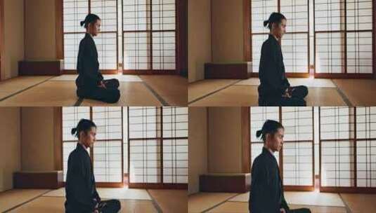 武术人，冥想和训练在日本道场与正念高清在线视频素材下载