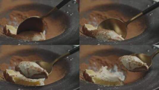 用勺子挖奶油可可蛋糕特写高清在线视频素材下载