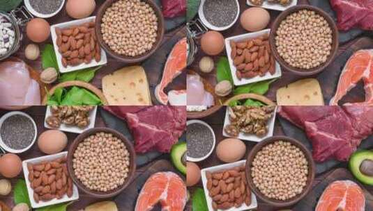 高蛋白食品鱼肉家禽坚果鸡蛋和蔬菜健康饮食高清在线视频素材下载