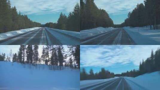 穿梭在白雪覆盖的北欧公路上主观视角拍摄高清在线视频素材下载