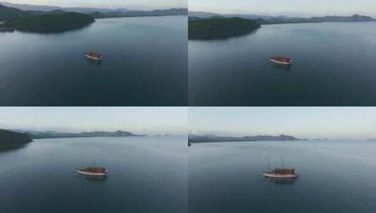 印度尼西亚日出时科莫多岛港口的鸟瞰图。高清在线视频素材下载