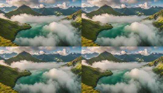 云雾缭绕的高山湖泊风光高清在线视频素材下载