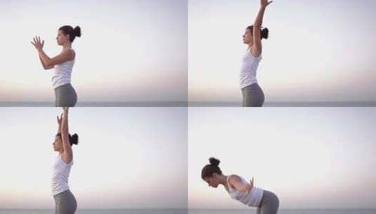 女孩在海边做瑜伽高清在线视频素材下载