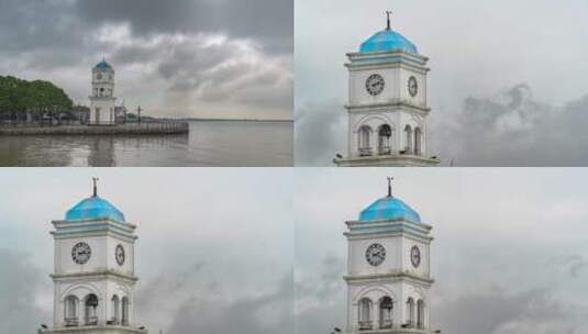 湖边钟楼延时摄影高清在线视频素材下载