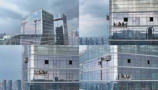4K高层建筑蜘蛛人玻璃幕墙施工高清在线视频素材下载