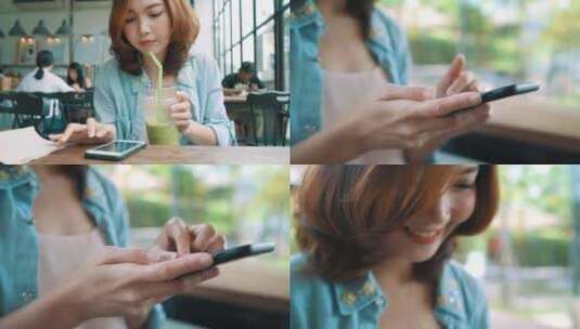 咖啡厅内边喝咖啡边使用手机的青年女人高清在线视频素材下载