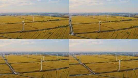 风力发电机和农村稻田晚霞高清在线视频素材下载