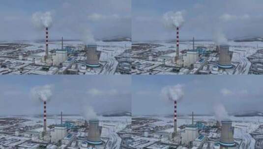 航拍白雪皑皑的发电厂高清在线视频素材下载