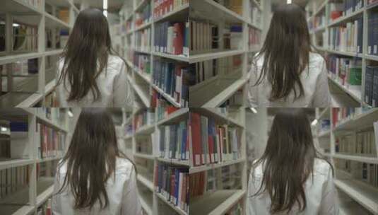 走在图书馆找书的知性女人 高清在线视频素材下载