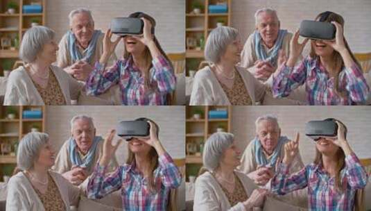 与祖父母一起体验虚拟现实的女人高清在线视频素材下载