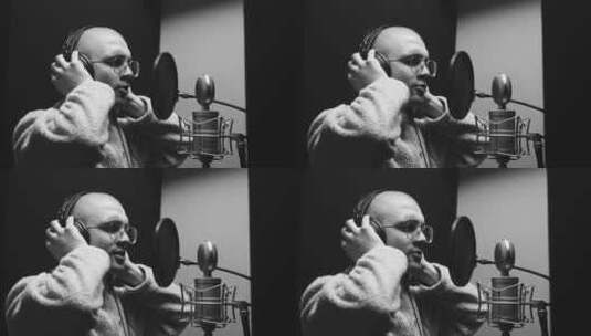 男人戴着耳机在录音室里唱歌高清在线视频素材下载