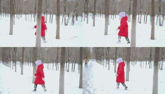 冬天在公园树林里玩雪的中国女孩形象高清在线视频素材下载