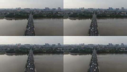 航拍湖南湘潭大桥拥堵交通高清在线视频素材下载