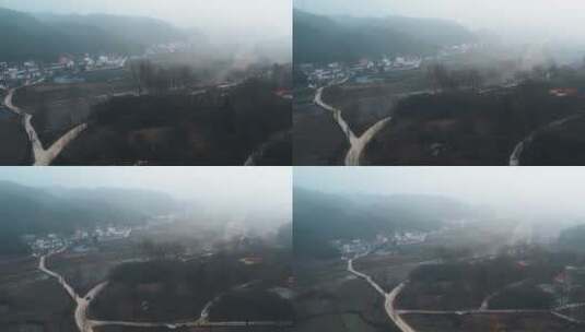 浓雾下的乡村航拍视频村庄乡村高清在线视频素材下载