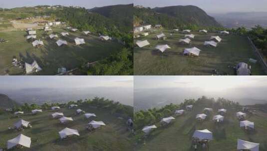 航拍山上露营野餐的人们高清在线视频素材下载