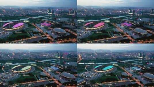 义乌市体育场夜景航拍高清在线视频素材下载