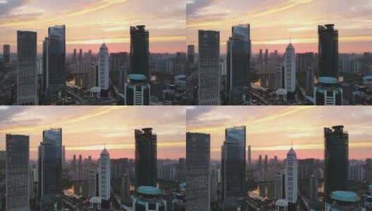 航拍武汉城市天际线高楼群夕阳晚霞落日高清在线视频素材下载