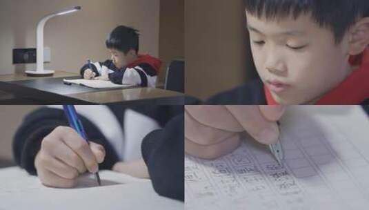 小男孩在家里做家庭作业写作文高清在线视频素材下载