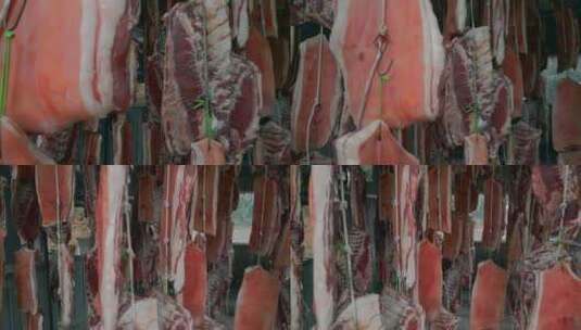 云南美食腊肉腌制风干晾晒车间高清在线视频素材下载