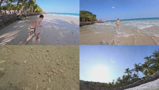 男子奔跑向海滩边高清在线视频素材下载