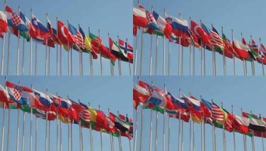 联合国外面飘扬的世界各国旗帜高清在线视频素材下载