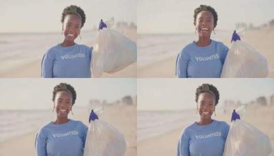 地球日的海滩、脸或黑人女性脸，带塑料袋，高清在线视频素材下载