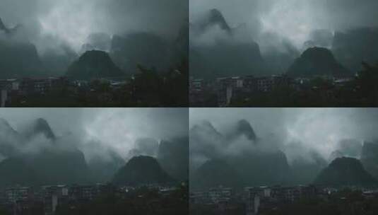 桂林山水烟雨意境阳朔兴坪喀斯特峰林高清在线视频素材下载