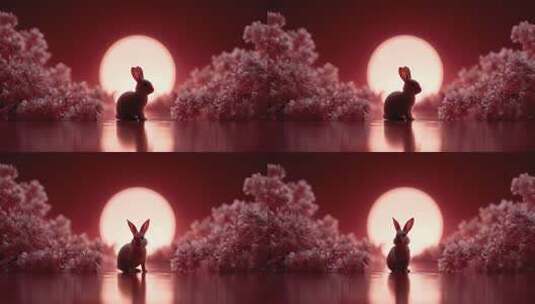 瑞兔沐浴绯红之月，静享春日美好高清在线视频素材下载