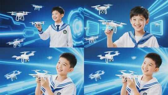 男孩手持操控无人机高清在线视频素材下载