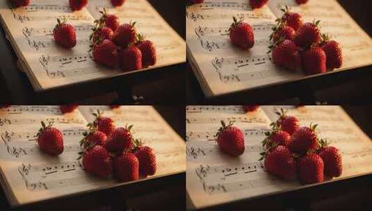 乐谱上摆放的新鲜草莓高清在线视频素材下载