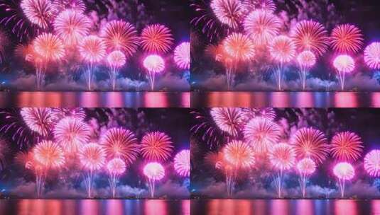 湖面夜景绽放绚丽烟花高清在线视频素材下载