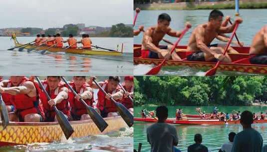 男子划龙舟奋力比赛场景高清在线视频素材下载