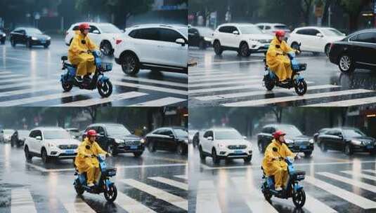雨天骑电动车的出行者高清在线视频素材下载