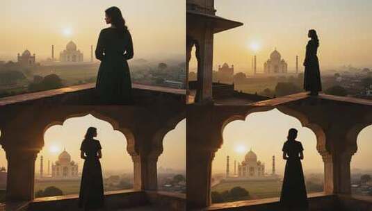 女子眺望夕阳下的泰姬陵高清在线视频素材下载