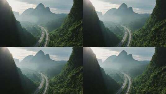 早晨阳光下广西贺州喀斯特山谷中的高速公路高清在线视频素材下载