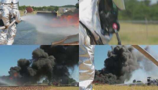 消防队员练习化学火灾高清在线视频素材下载