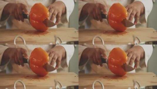 厨师在厨房切辣椒片的特写高清在线视频素材下载