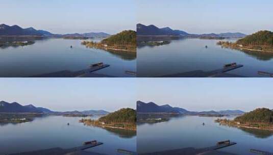 航拍夕阳下杭州萧山湘湖风景区高清在线视频素材下载
