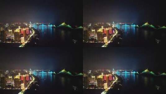 航拍湖北宜昌沿江大道夷陵长江大桥夜景高清在线视频素材下载