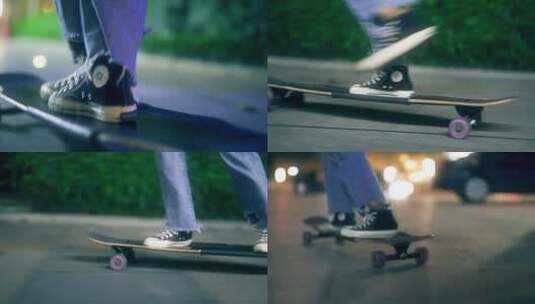 夜晚马路玩滑板下班回家滑板高清在线视频素材下载