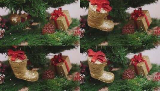 圣诞树上的金色靴子高清在线视频素材下载