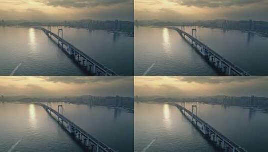 大连星海湾跨海大桥日落城市开场航拍高清在线视频素材下载