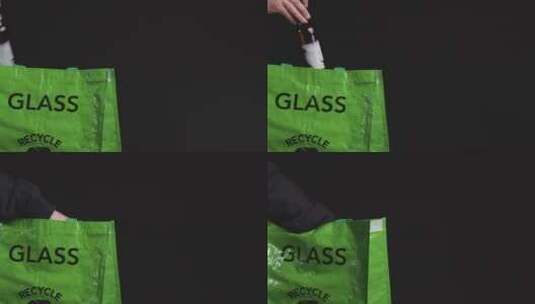 把玻璃瓶放入回收袋的特写镜头高清在线视频素材下载
